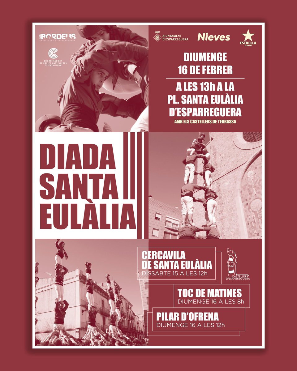 🗣️ Arriba la primera de l’any, la Diada de Santa Eulàlia a Esparreguera.

🗓️ Dissabte 15 a les 12:00h Cercavila de Santa Eulàlia.

🗓️ Diumenge 16
 - Toc de Matines a les 08:00h
 - Pilar d’Ofrena a les 12:00h a l’Esglèsia
 - Diada amb <a href="/CDTerrassa/">Castellers de Terrassa</a> a la pl. Santa Eulàlia

#castells
