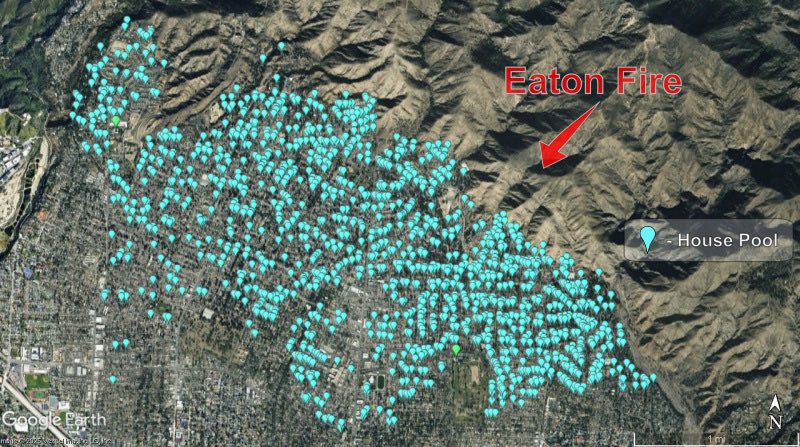 InfluenceBetter's tweet photo. So now it’s everyone in California’s problem? HEY EVERYONE, maybe we should stop doing the same and expecting a different result. More fire trucks and air assets are clearly NOT the answer. 

The water to save so many homes is already in place. Did you know the #palisadesfire & #eatonfire combined to have ~ 100 million gallons of pool water (blue markers) sitting right where it was needed to save so many home? All that water could’ve been delivered in a matter of hours with relatively low cost equipment. No fleet of aircraft or hydrant network could come close to delivering this much water in short order. Firefighters could’ve literally made it rain!

So far the reluctance to try something new is mind boggling. It’s time to start thinking outside the box. I need everyone’s help. Please follow and share this with others. 

For more information on the basic idea see: 

https://t.co/b92wO3Q0k6 

Also see how this idea would’ve applied to many of the most destructive wildfires in California history: 

https://t.co/oe142r39fj
