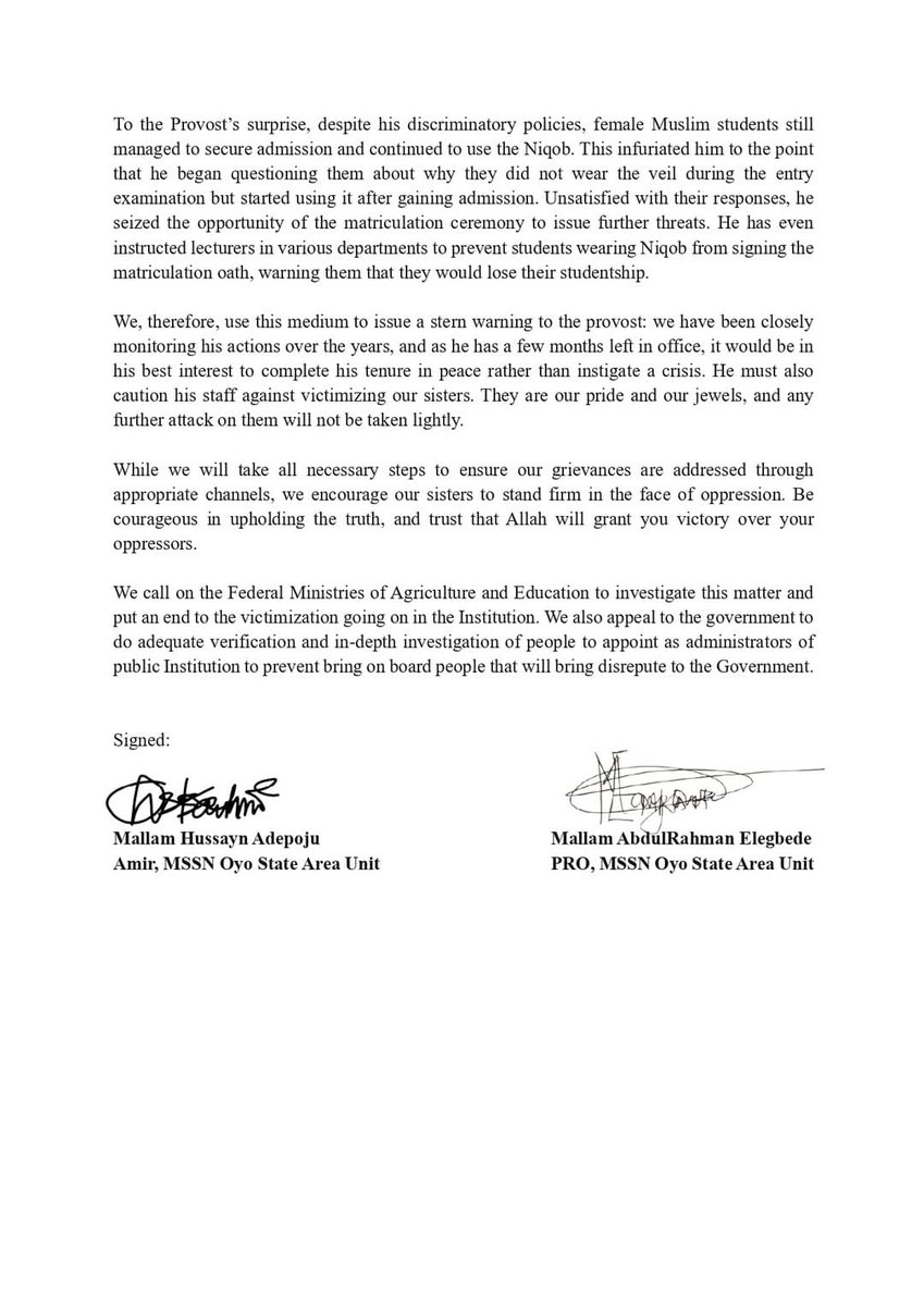 Retweet to expose this Man's bigotry against the Muslim female students 

11th February, 2025

PRESS RELEASE

END YOUR TENURE IN PEACE, NOT IN CRISIS – MSSN WARNS FEDERAL COLLEGE OF ANIMAL HEALTH AND PRODUCTION TECHNOLOGY, IBADAN (FCAH&amp;PTIB)’S PROVOST, DR. ADEKOYA OLATUNDE
