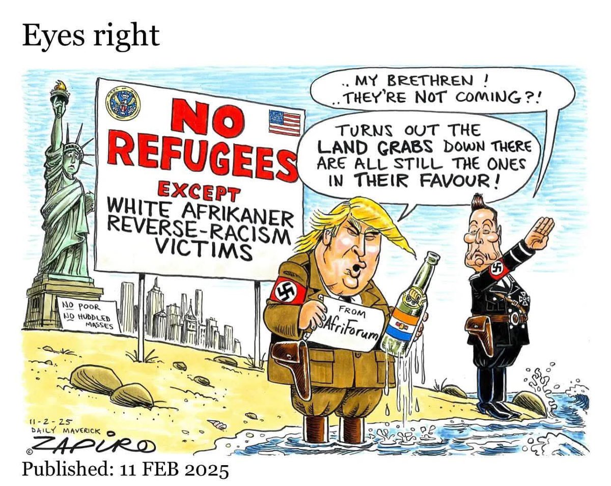 joelpollak's tweet photo. South African cartoonist @zapiro portrays Trump and Musk as Nazis. Not the AWB kind, but the Hitler kind.

You’re not helping, Jonathan. https://t.co/xxYftyvZzT
