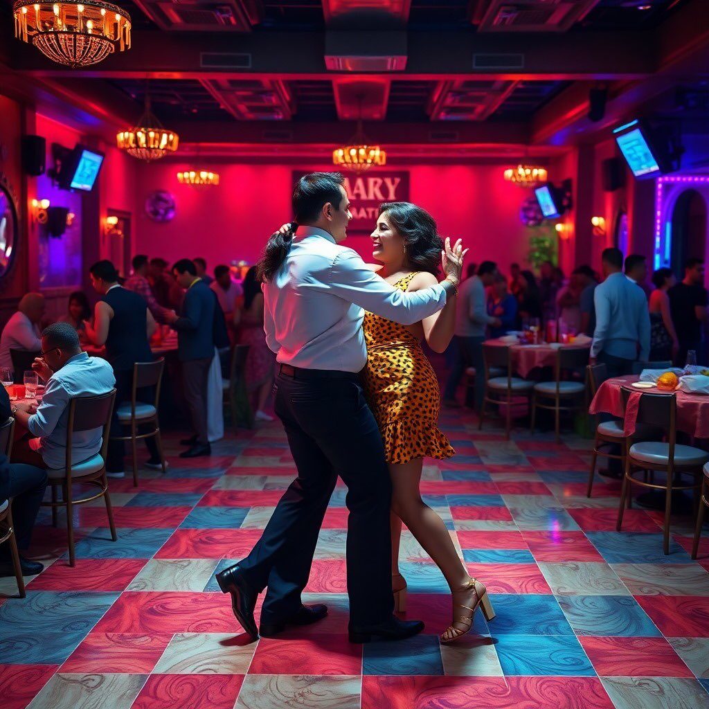 Look at the magic of #midjourney .
 Two dancers, a lively crowd, and a 3D floor with red and blue patterns. #MidJourney #AI #ALX_AiSK 
(Project 2)