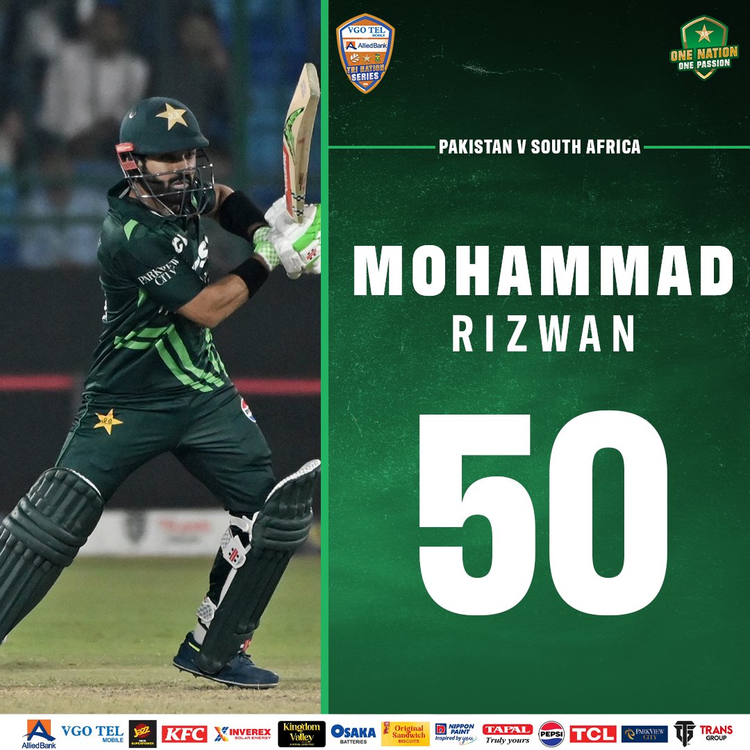 TheRealPCB's tweet photo. 16th ODI fifty for the Pakistan captain 🏏

@iMRizwanPak is batting well ✨

#3Nations1Trophy | #PAKvSA https://t.co/fp6utJMPVf