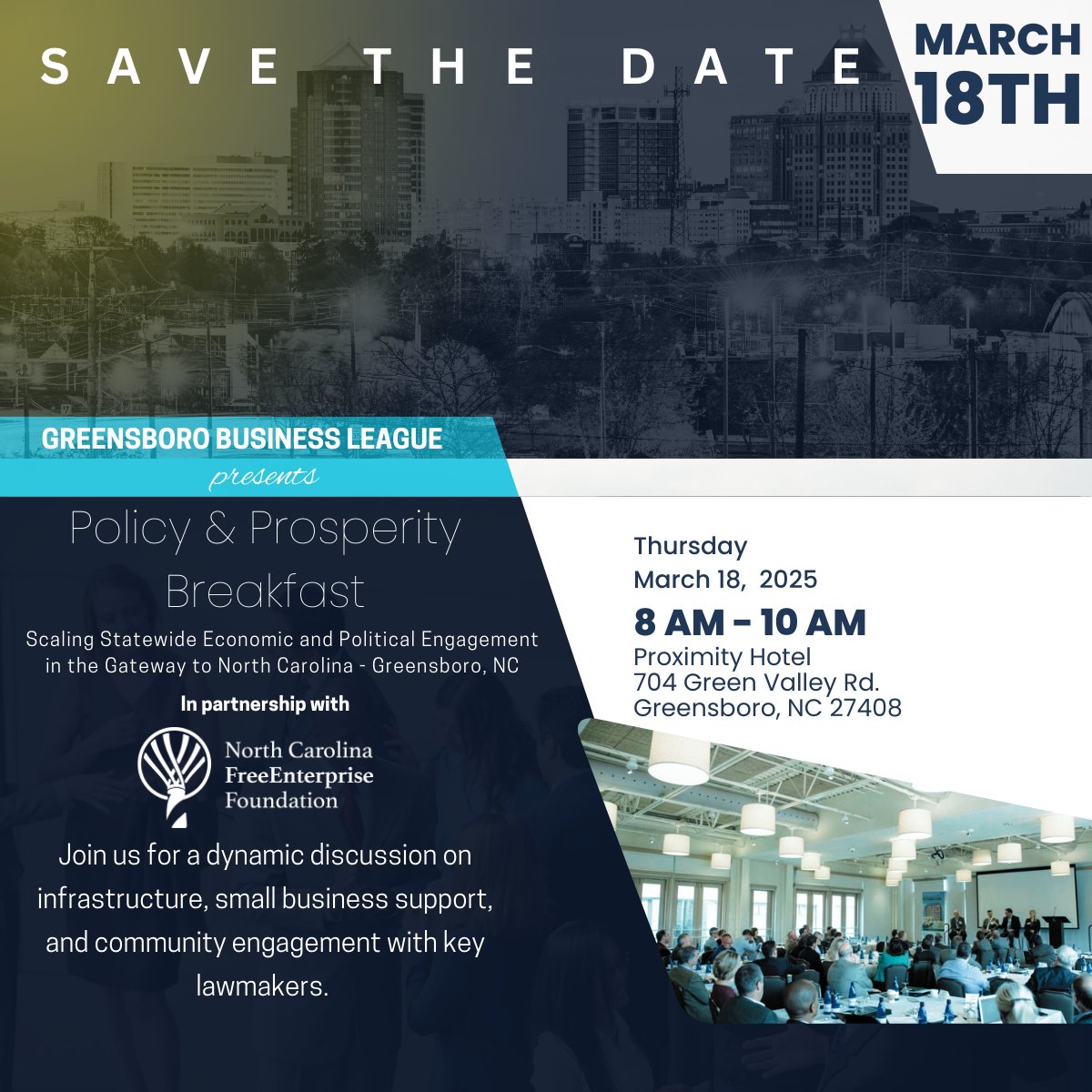 NCFREE is excited to join the Greensboro Business League on Tues. 3/18.

Join us for a morning of insight and discussion w/ 
-<a href="/electreives/">Leader Robert Reives</a>
-<a href="/PaulLowejr/">Paul Lowe, Jr.</a>
-Dave Craven

Tickets are free but space is limited. RSVP today: 
interland3.donorperfect.net/weblink/WebLin…

#ncpol #GreensboroNC