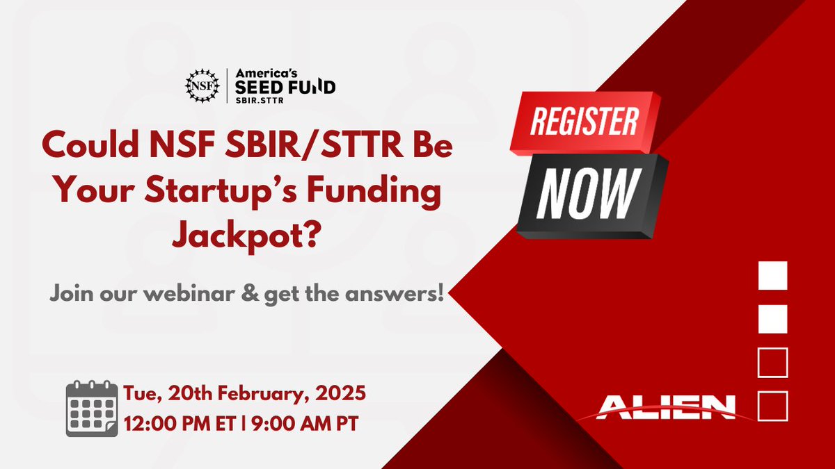 💡 NSF SBIR/STTR: The Boost Your Startup Needs!

🚀 Seeking non-dilutive funding? Join our free webinar to learn how to secure funding from America’s #SeedFund! 

📅 Feb 20, 2025 | ⏰ 12 PM ET / 9 AM PT
🔗 Register: zoom.us/meeting/regist…

#Startup #Funding #NSF #SBIR #AlienTT
