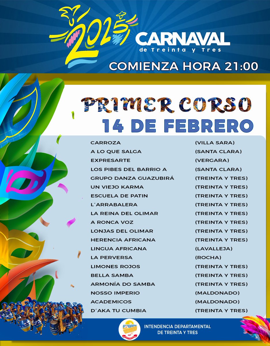 Programación desfile carnaval este viernes 14 de febrero
#CarnavaldeTreintayTres