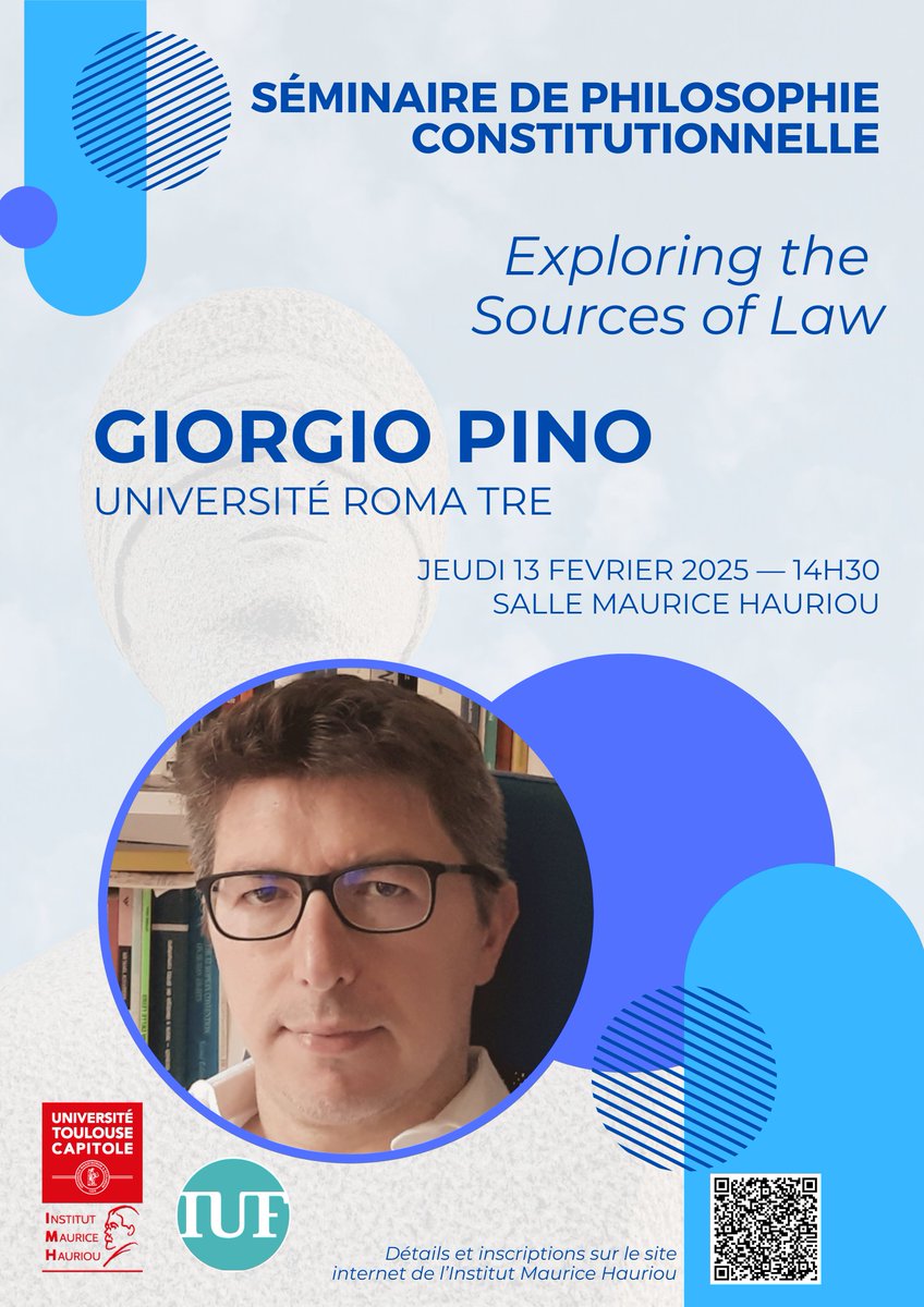 [Conférence] L'Institut Maurice Hauriou a le plaisir de recevoir demain jeudi 13 février Giorgio Pino (Université Roma 3) dans le cadre du séminaire IUF de philosophie constitutionnelle organisé par Mathieu Carpentier.

Infos et lien Zoom ici: 
imh.ut-capitole.fr/accueil/activi…