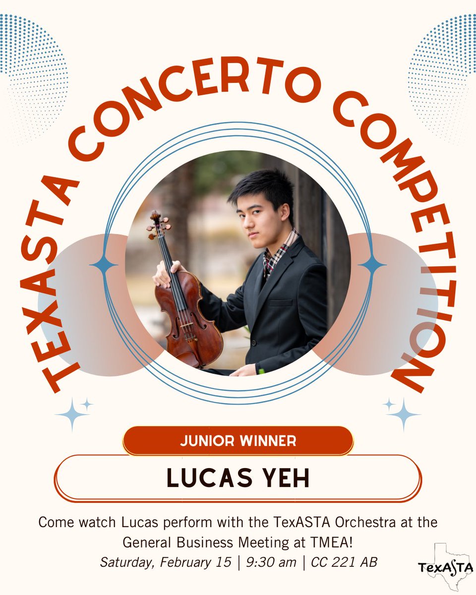 texastastrings's tweet photo. Congratulations to Lucas Yeh, winner of the 2025 TexASTA Concerto Competition-Junior Division! Come see Lucas, student of Aaron Boyd, perform with the TexASTA Orchestra at the meeting on Saturday, February 15th at 9:30 am in CC 221 AB! https://t.co/uTUltyS8rh