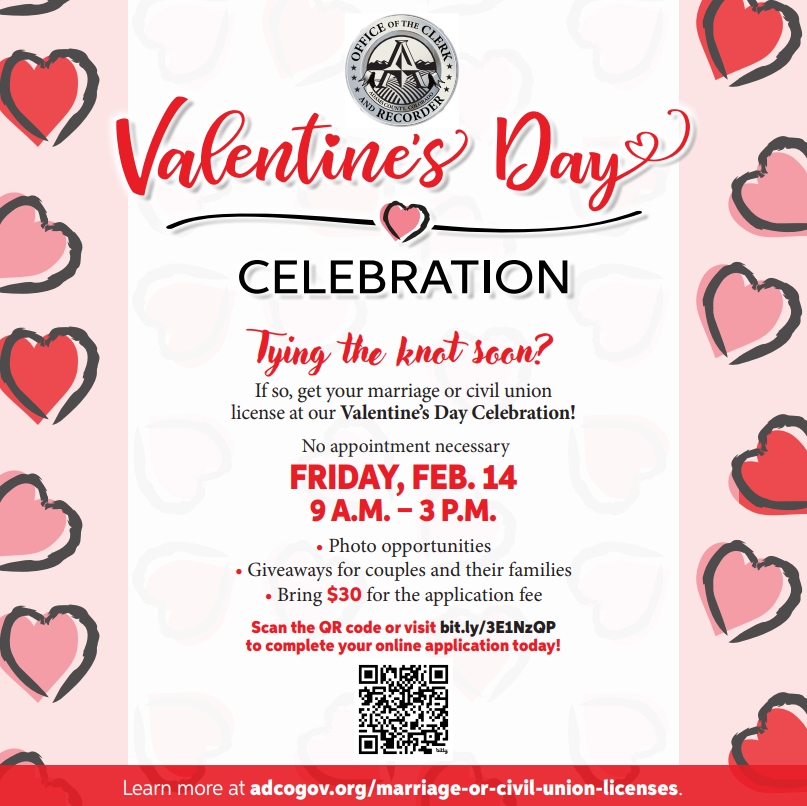 Valentine’s Day is just around the corner and we want to celebrate with you! 💕 From 9 a.m. – 3 p.m. tomorrow, Feb. 14, we’re issuing marriage and civil union licenses. We hope to see you there!