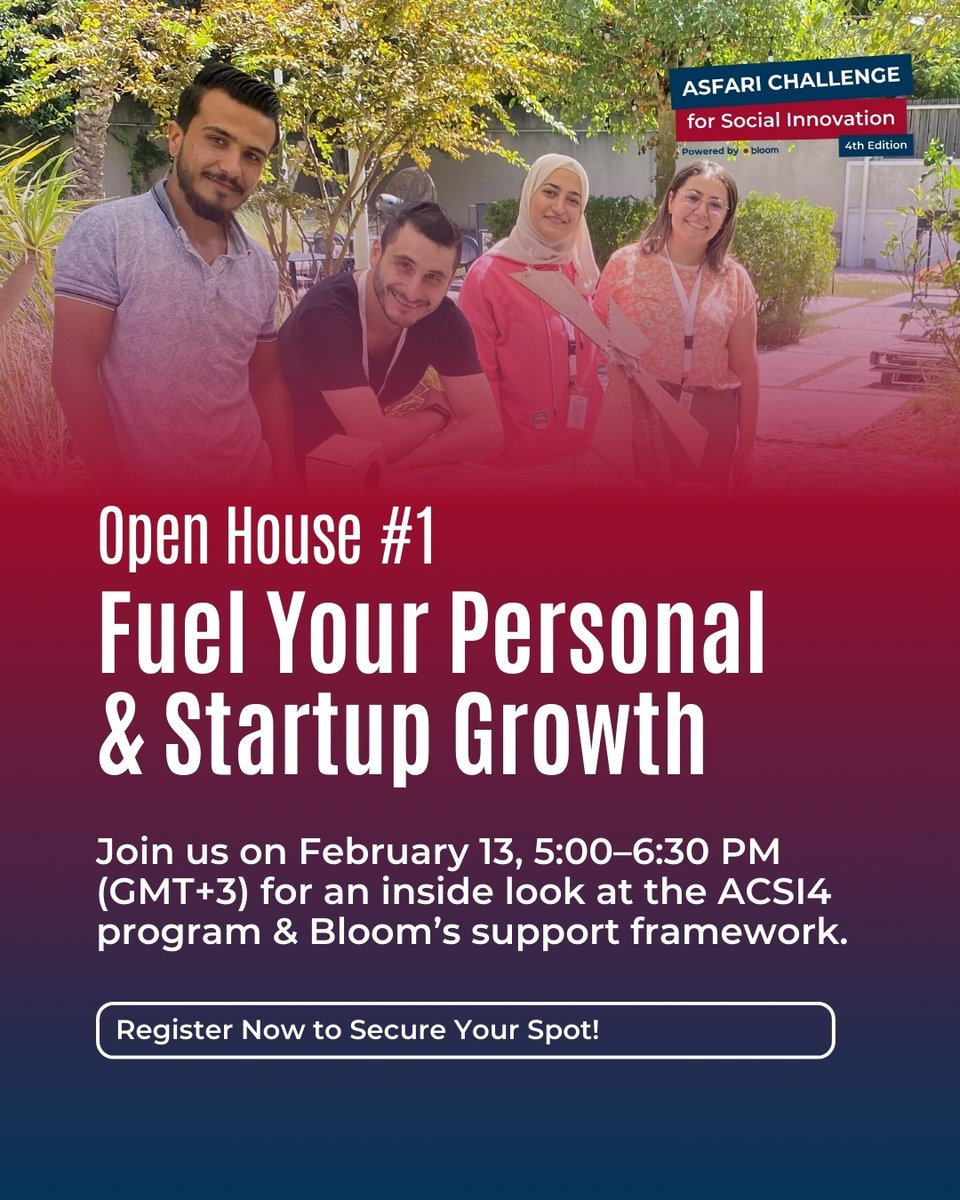 Join our #ACSI4 Open House on Feb 13 (5–6:30 PM GMT+3).

Learn how ACSI4 can grow your project, meet mentors &amp; fellow innovators &amp; get your questions answered live.

For Lebanon, Jordan, Palestine, or the Syrian diaspora.

🔗bloom.pm/acsi4 #OpenHouse