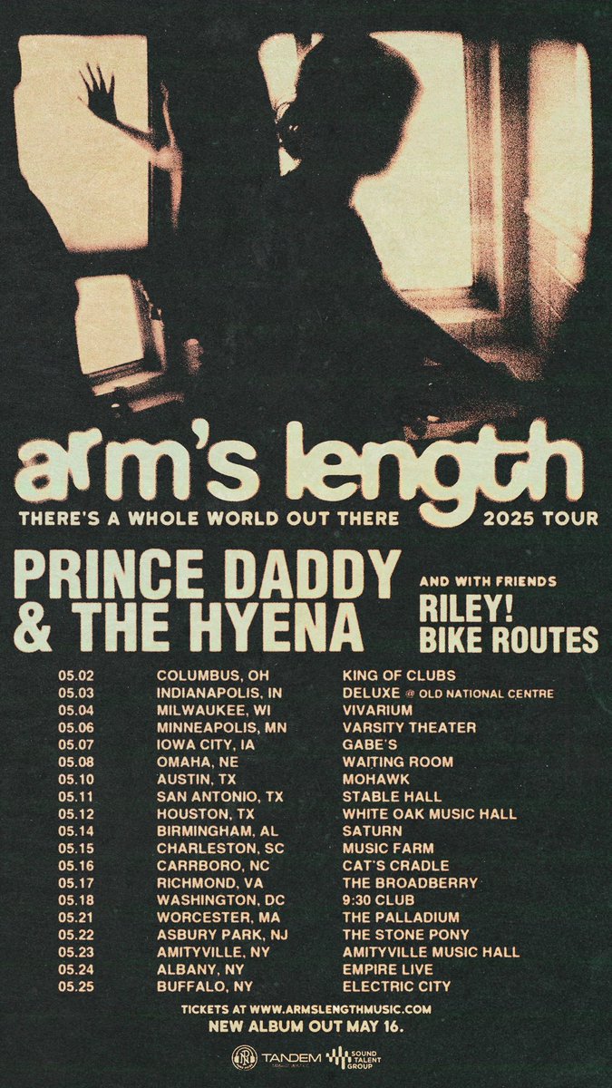 we’ll be releasing our new record on the road this spring with the amazing <a href="/Pdaddynthehyena/">green day</a> <a href="/RILEYtheband/">RILEY!</a> &amp; Bike Routes. hitting some cities we’ve never reached before. presale tomorrow at noon EST, general on sale friday at noon EST 

funny face out now

armslengthmusic.com