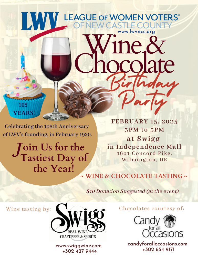 A fun, relaxed event from our New Castle County League. Join us at Swigg this weekend! Non-League-members are welcome. Saturday Feb 15 from 3 to 5pm, Wine and chocolate tasting. Need we say more?
