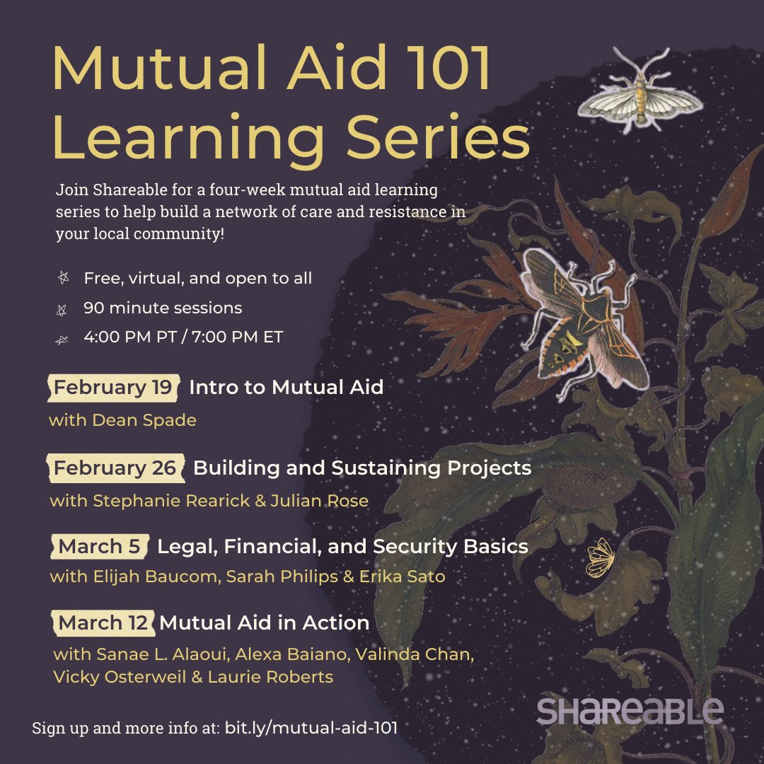 Shareable (@shareable) on Twitter photo Shareable's #MutualAid 101 Learning Series launches in one week—and our lineup of presenters is here! 
The series is free, virtual, and open to all.  
✨Sign up for the sessions at: eventbrite.com/cc/mutual-aid-…
And learn more at: shareable.net/mutual-aid-101/! Shareable's #MutualAid 101 Learning Series launches in one week—and our lineup of presenters is here! 
The series is free, virtual, and open to all.  
✨Sign up for the sessions at: eventbrite.com/cc/mutual-aid-…
And learn more at: shareable.net/mutual-aid-101/!