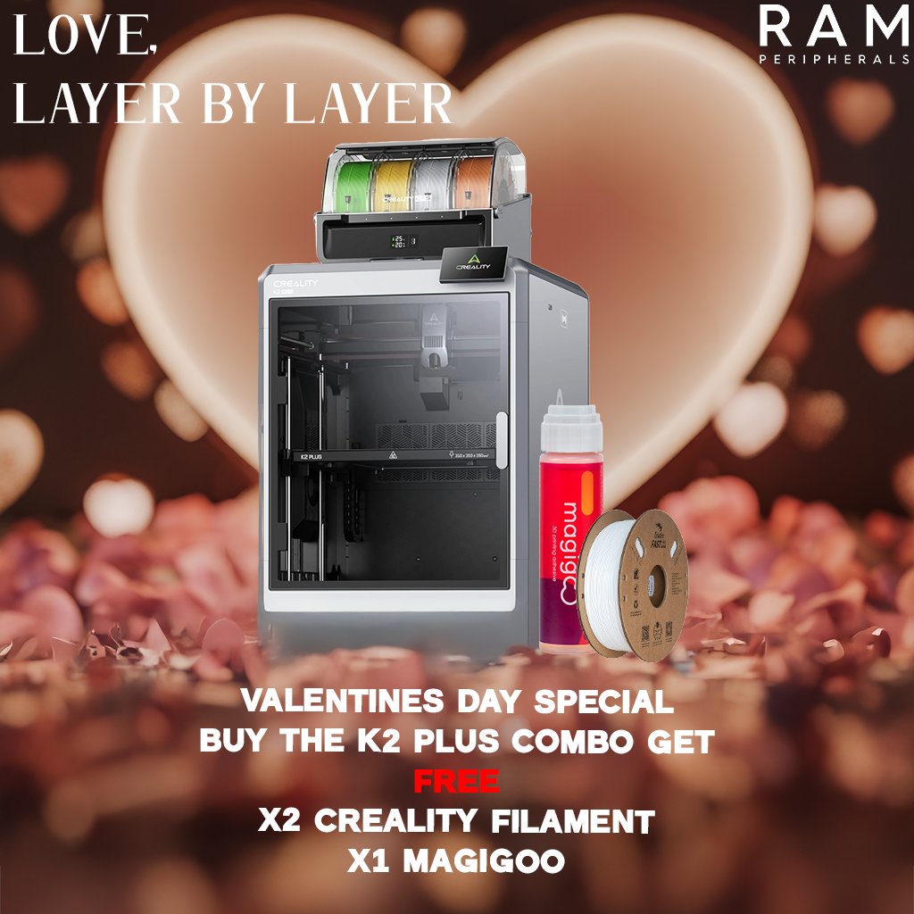 RamPeripherals1's tweet photo. ❤️ Valentine’s Special! ❤️
Get the K2 Plus Combo 3D Printer Bundle: 
🎁 1x  FREE Magigoo Stick
🎁 2x FREE Creality Filaments

Print your heart out this season! 💕  
👉https://t.co/F8n4IKzXA1 

#3DPrinting  #ValentinesDay  #CrealityK2Plus #3dprinter #3D https://t.co/sHlXarThhH