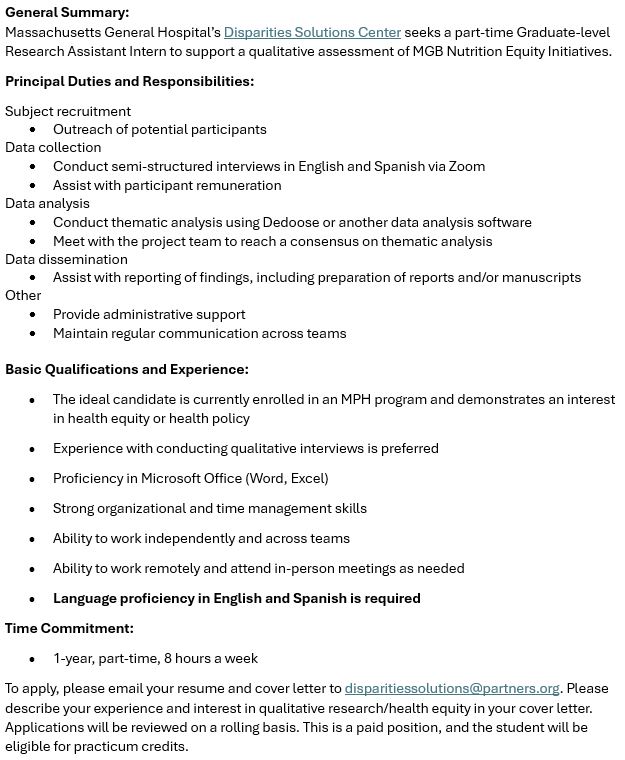 Job Opportunity: Bilingual (English and Spanish Proficiency) Research Assistant Intern