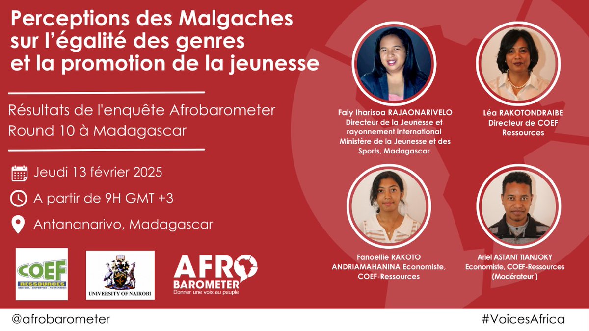 J-1

Le réseau international et l'équipe nationale d’Afrobarometer à Madagascar  sont ravis de vous informer que le premier évènement de la présentation des premiers résultats de l'enquête " Afrobarometer Round 10 " aura lieu ce Jeudi 13 Février 2025.