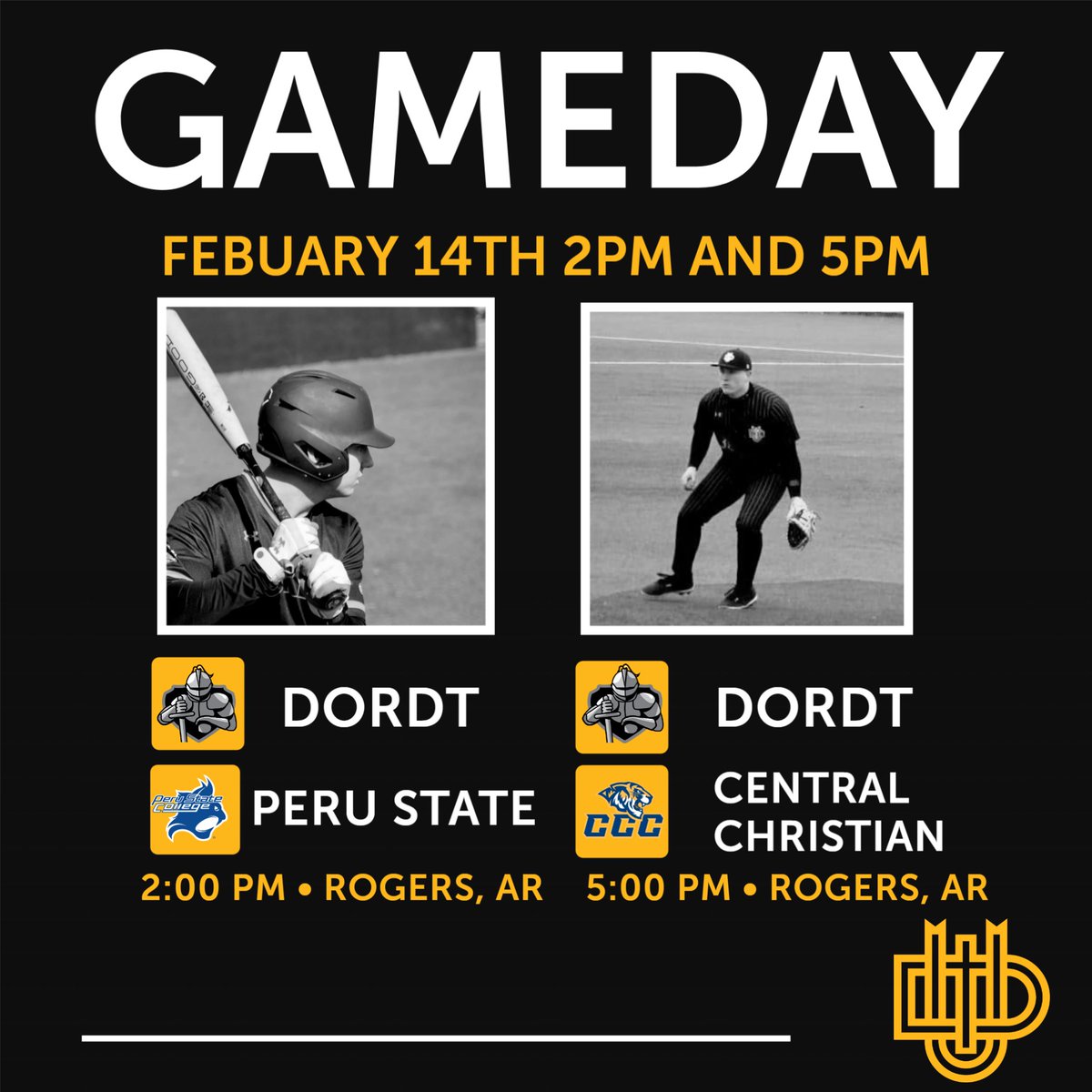 DordtBaseball's tweet photo. Gameday from Rogers Arkansas! Dordt will take on Peru State College at 2pm and Central Christian College at 5pm. Go Defenders! #DefenderWay https://t.co/xuk0RtEazG