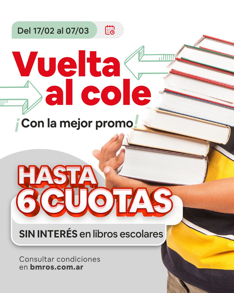 ¡Vuelta al cole con la mejor promo en libros escolares! 📚

👉Hasta 6 cuotas sin interés en librerías adheridas.

📲Condiciones en bmros.com.ar