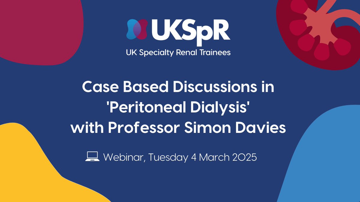 The UK Kidney Association (@ukkidney) on Twitter photo How does peritoneal dialysis affect the membrane over time? What influences patient outcomes? Prof Simon Davies - renowned PD expert - joins <a href="/RenalSpRClub/">Renal SpR Club</a> for a case-based discussion. 🧑💻 Trainee-led, interactive & packed with insight.
👇us06web.zoom.us/webinar/regist…
CPD Pending How does peritoneal dialysis affect the membrane over time? What influences patient outcomes? Prof Simon Davies - renowned PD expert - joins <a href="/RenalSpRClub/">Renal SpR Club</a> for a case-based discussion. 🧑💻 Trainee-led, interactive & packed with insight.
👇us06web.zoom.us/webinar/regist…
CPD Pending