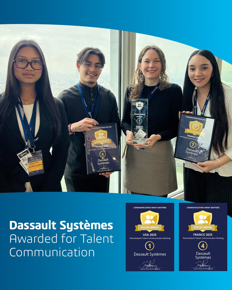 Dassault Systèmes Careers (@3dscareers) on Twitter photo 🏆 We did it! <a href="/Dassault3DS/">Dassault Systèmes</a> ranks #1 and #4 for talent and social media communication in the US and France at the <a href="/PotentialparkAB/">Potentialpark</a> Awards 2025! That’s not all, we’re also #7 in the overall Potentialpark France ranking! Join us 👉 go.3ds.com/cFv #WeAre3DS 🏆 We did it! <a href="/Dassault3DS/">Dassault Systèmes</a> ranks #1 and #4 for talent and social media communication in the US and France at the <a href="/PotentialparkAB/">Potentialpark</a> Awards 2025! That’s not all, we’re also #7 in the overall Potentialpark France ranking! Join us 👉 go.3ds.com/cFv #WeAre3DS
