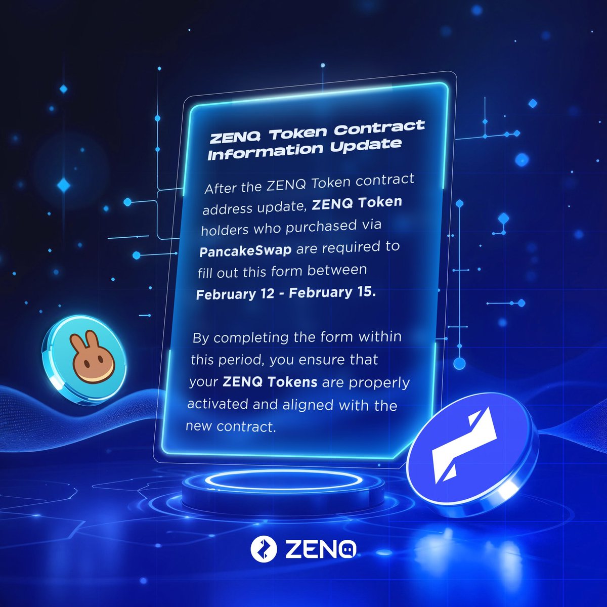 ZENQ Token Contract Information Update

After the ZENQ Token contract address update, ZENQ Token holders who purchased via PancakeSwap are required to fill out this form between February 12 - February 15.

By completing the form within this period, you ensure that your ZENQ