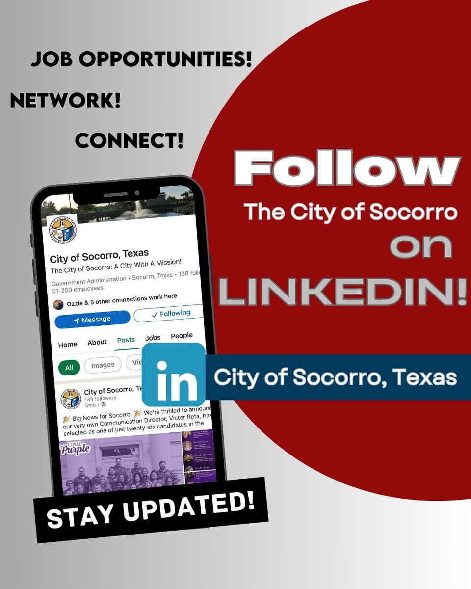 🤝 Expand Your Network &amp; Connect with Your Community! 🌆

Join The City of Socorro's LinkedIn page to stay informed, build connections, expand your network, engage with community leaders, and stay updated on initiatives that matter to you!