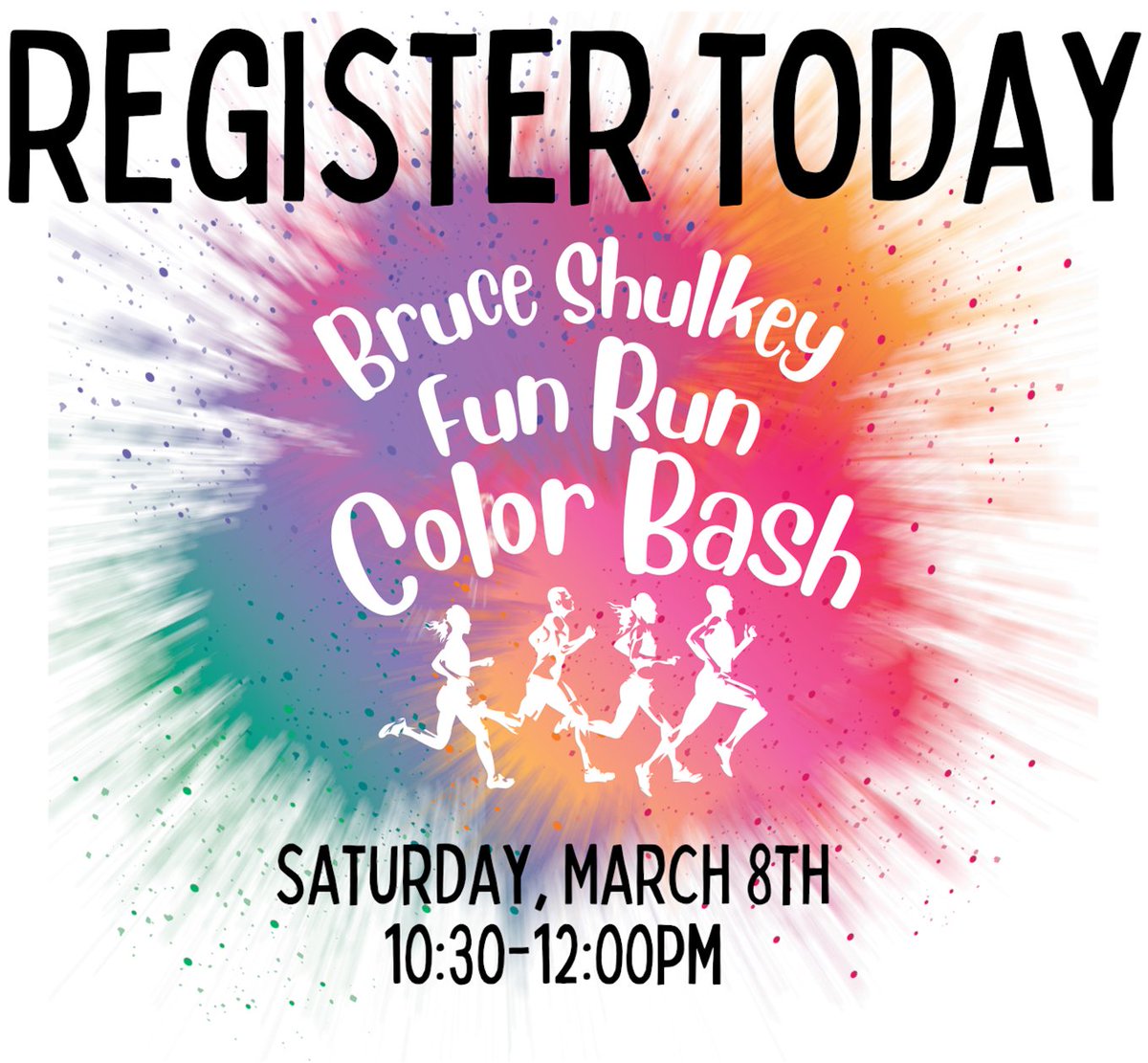 Bruce Shulkey Elementary School (@shulkeyfwisd) on Twitter photo Bruce Shulkey Fun Run Color Bash
Mark your calendars for Saturday March 8th from10:30am-12:00pm
Registration costs $10 and includes a fun run t-shirt, runner’s bib, lunch and a medal.
You can stop by the office for a registration form or register online at bruceshulkey.futurefund.com/go/45288-fun-r… Bruce Shulkey Fun Run Color Bash
Mark your calendars for Saturday March 8th from10:30am-12:00pm
Registration costs $10 and includes a fun run t-shirt, runner’s bib, lunch and a medal.
You can stop by the office for a registration form or register online at bruceshulkey.futurefund.com/go/45288-fun-r…