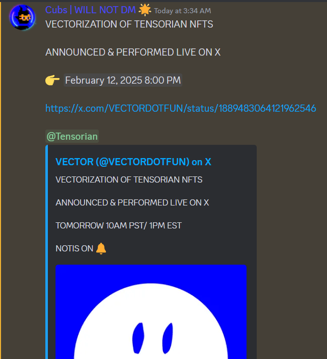 It's almost time, couple hours left. You're not late yet, but you're gonna be soon. <a href="/VECTORDOTFUN/">VECTOR</a> <a href="/tensor_hq/">Tensor ⚡️</a> 

<a href="/JussCubs/">Cubs</a> <a href="/nftimm/">nftimm | refinore.com</a> <a href="/0xrwu/">Richard | Tensor (prompt/acc)</a> <a href="/_ilmoi/">moved to @ilmoi</a>