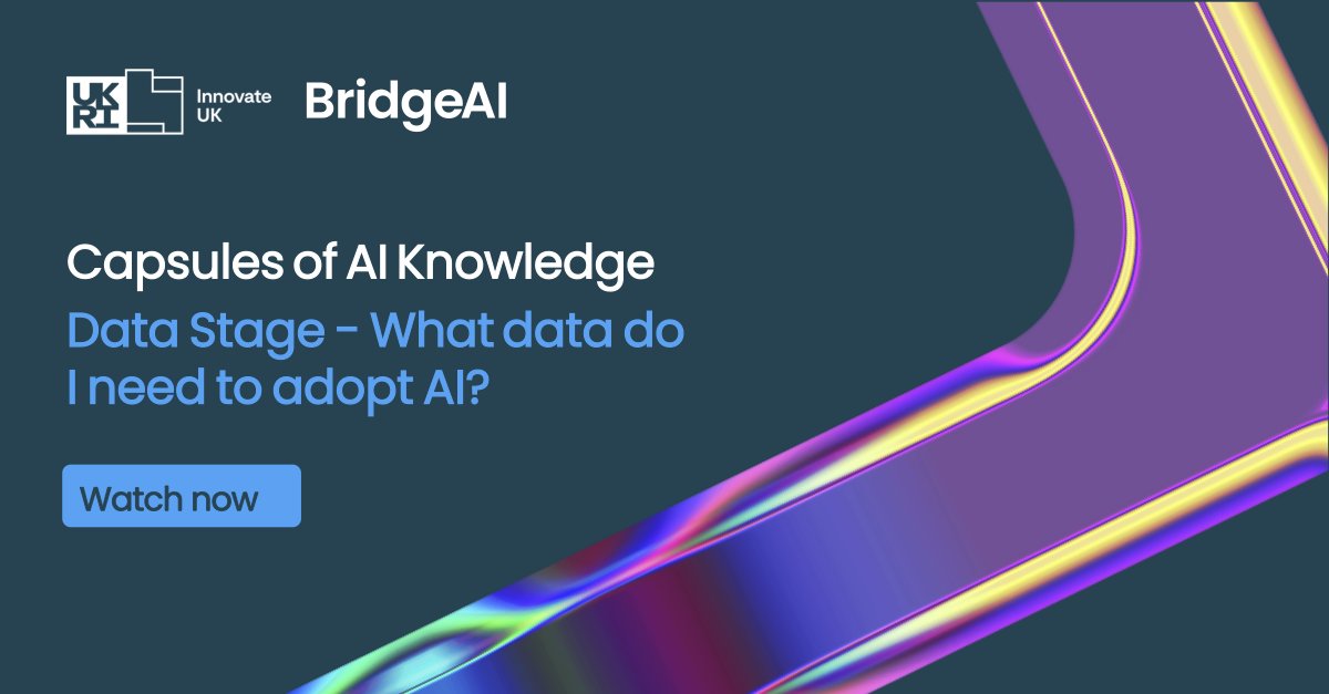 Innovate UK Business Connect (@iuk_connect) on Twitter photo 📢 Capsules of AI Knowledge: Data Stage
What data do you need to adopt AI? Learn about data readiness & responsible sourcing in the latest video with Dr. Rachael Stickland.
Explore <a href="/innovateuk/">Innovate UK</a> #BridgeAI resources to kickstart your AI journey: ow.ly/XB3p50UXAQg 📢 Capsules of AI Knowledge: Data Stage
What data do you need to adopt AI? Learn about data readiness & responsible sourcing in the latest video with Dr. Rachael Stickland.
Explore <a href="/innovateuk/">Innovate UK</a> #BridgeAI resources to kickstart your AI journey: ow.ly/XB3p50UXAQg