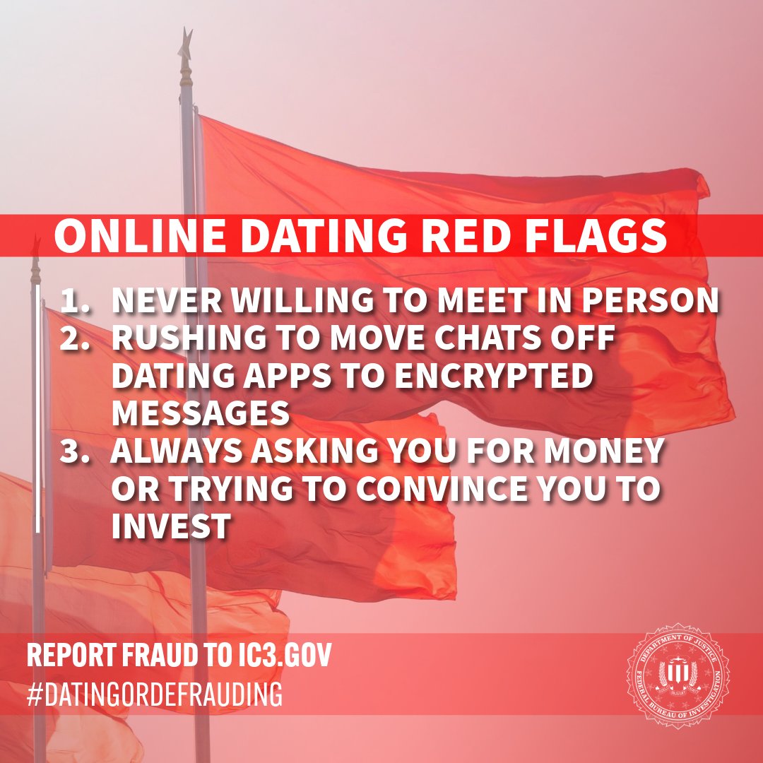 Here’s a massive red flag 🚩🚩🚩 – nearly $4 BILLION lost to romance scams. 

The #FBI and our partners are joining forces to help you spot the signs of online scammers before it's too late. Learn more at cftc.gov/PressRoom/Pres…
#DatingOrDefrauding