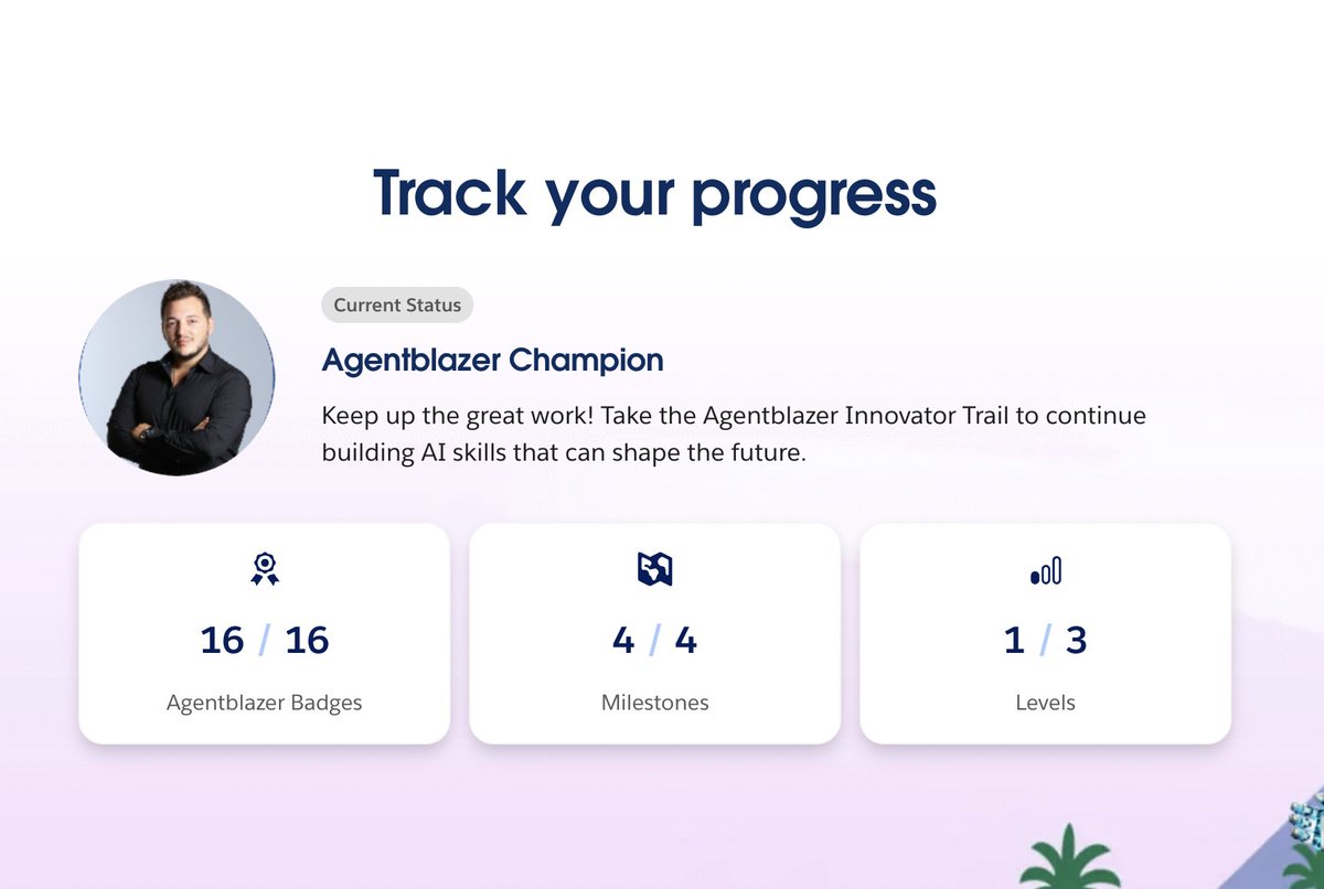 MariloMeta's tweet image. 🏆 Proud to be an Agentblazer Champion! 
Trailhead has introduced an exciting new way to learn—welcome to hashtag#Agentforce! 

If you're eager to level up your skills dive into this trail and start your own Agentforce journey: lnkd.in/daqDj9yW 

#Salesforce #Trailhead