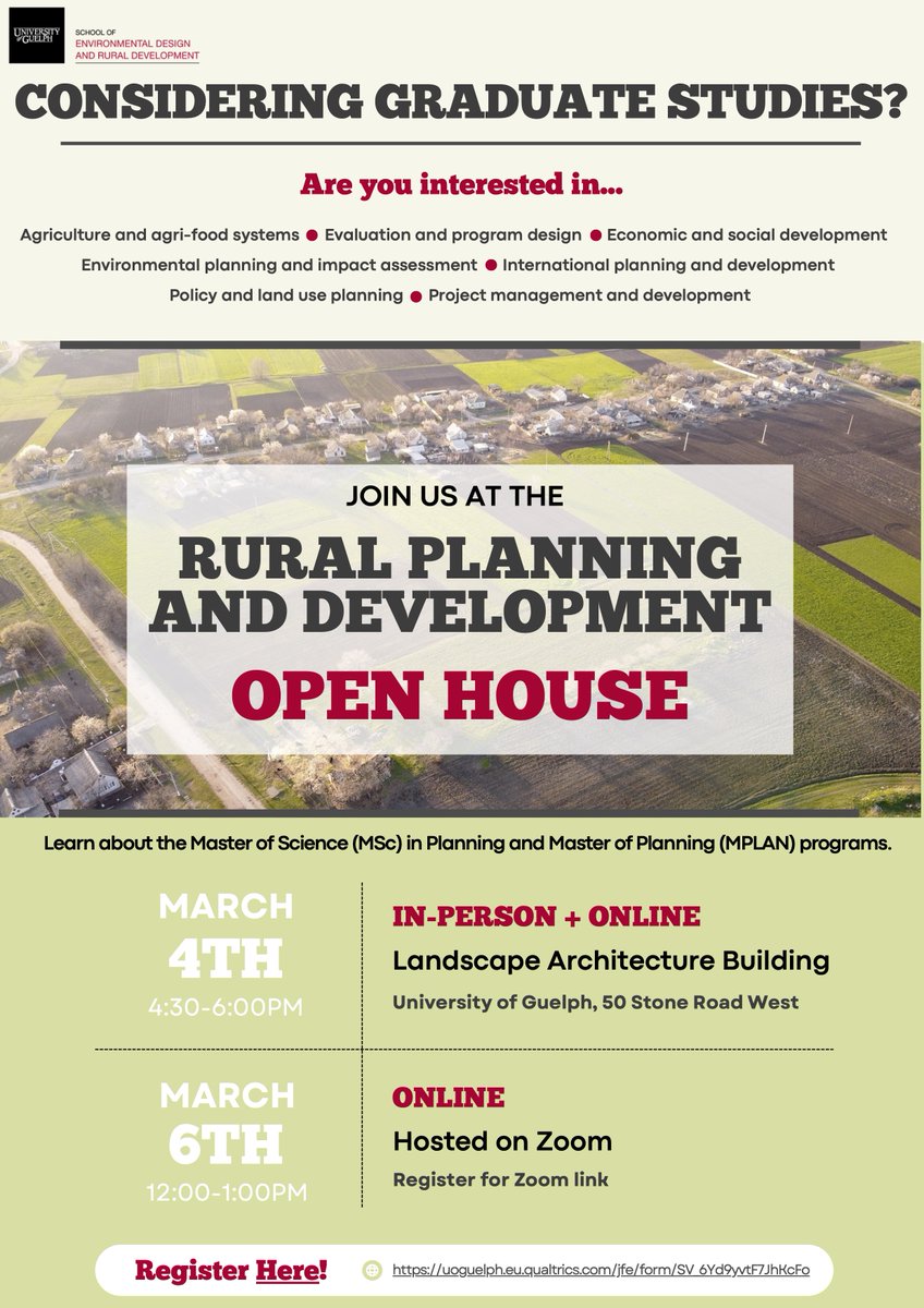RPDplan's tweet photo. Are you interested in graduate students in rural planning and development? Learn more about our programs at 2 open houses:

➡️ March 4 from 4.30-6.30 pm EST in-person and online 
➡️ March 6 from 12.00-1.00 pm EST online 

Register at https://t.co/OpCuf4po14

#RuralPlanning https://t.co/cco20h5K9g