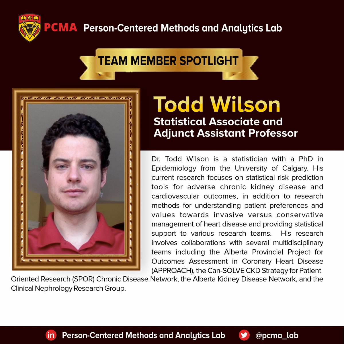 Person-centered Methods and Analytics Lab (@pcma_lab) on Twitter photo TEAM MEMBER SPOTLIGHT
This week's spotlight is on Dr. Todd Wilson, a statistical associate with extensive collaboration works with an interest in risk prediction models.
Read more to learn about his work.
<a href="/dr_sajobi/">Tolu Sajobi</a> <a href="/approach_org/">APPROACH</a> <a href="/LibinInstitute/">Libin Cardiovascular Institute</a> <a href="/OBrien_IPH/">O'Brien Institute for Public Health</a> TEAM MEMBER SPOTLIGHT
This week's spotlight is on Dr. Todd Wilson, a statistical associate with extensive collaboration works with an interest in risk prediction models.
Read more to learn about his work.
<a href="/dr_sajobi/">Tolu Sajobi</a> <a href="/approach_org/">APPROACH</a> <a href="/LibinInstitute/">Libin Cardiovascular Institute</a> <a href="/OBrien_IPH/">O'Brien Institute for Public Health</a>