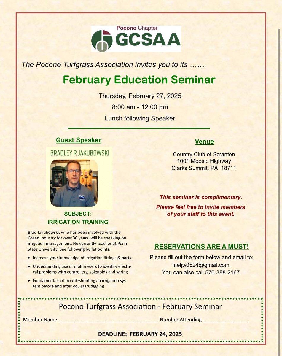 Pocono Turfgrass (@poconoturfgrass) on Twitter photo February Education Seminar free for Pocono members and their staff. Proud to present an excellent irrigation training session by <a href="/PSUTurfRainman/">Brad Jakubowski</a> at Country Club of Scranton on Thursday, February 27! Reservations are required. February Education Seminar free for Pocono members and their staff. Proud to present an excellent irrigation training session by <a href="/PSUTurfRainman/">Brad Jakubowski</a> at Country Club of Scranton on Thursday, February 27! Reservations are required.