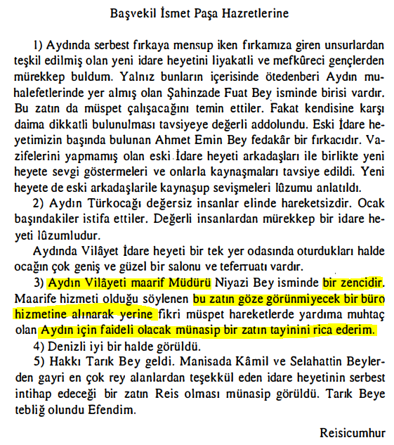 📅2 Şubat 1931
Cumhurbaşkanı Atatürk, Aydın seyahati sırasında bir memurun "zenci" olduğunu görüyor ve Başbakan İnönü'ye haber vererek, "bu zatın göze görünmeyecek bir büro hizmetine alınarak yerine Aydın için faydalı olacak münasip bir zatın tayinini" istiyor.

📕Gürbüz Tüfekçi,