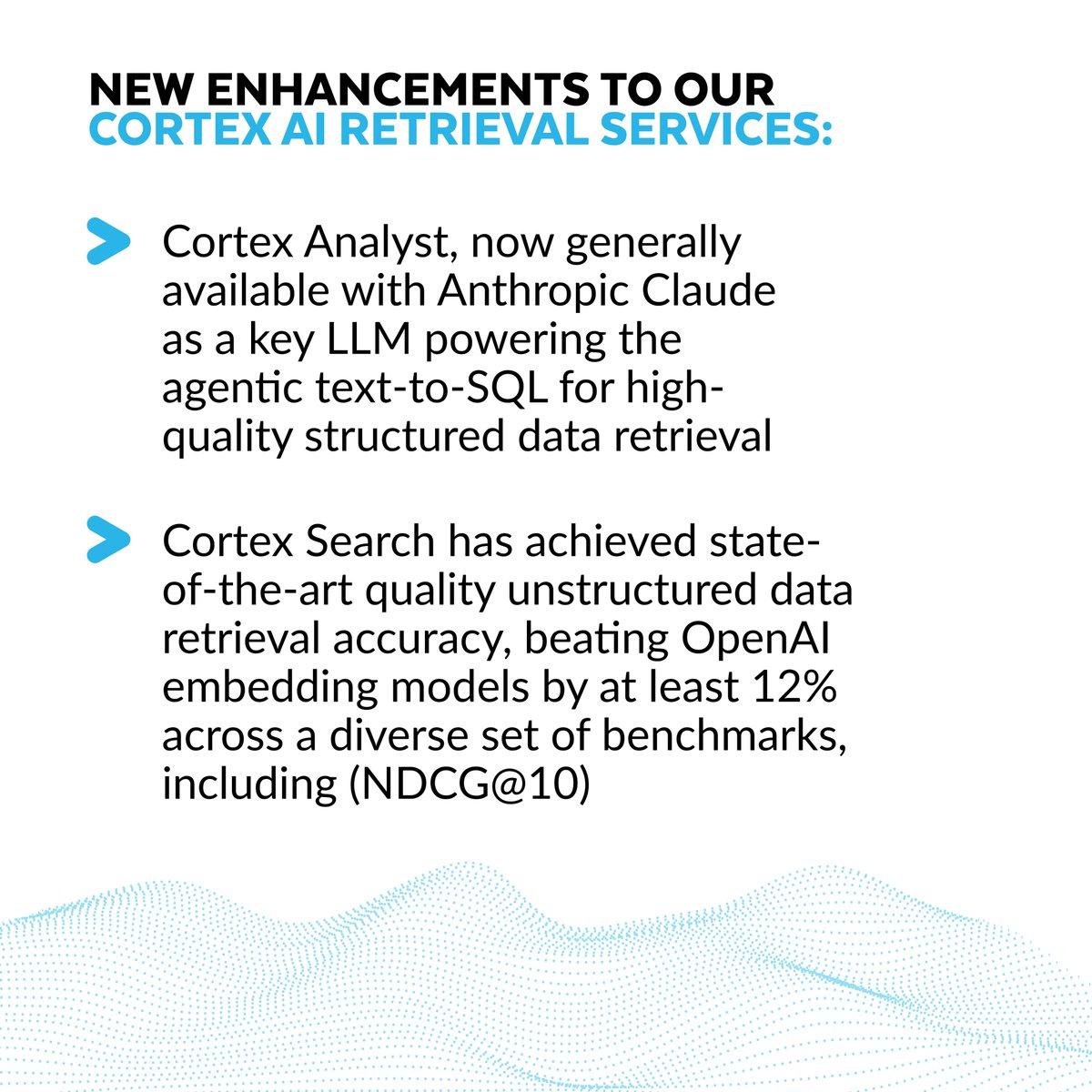 Snowflake Cortex Agents, now in public preview!

Cortex Agents orchestrates across structured and unstructured data for accurate AI-driven decisions from within the secure Snowflake perimeter; Cortex Agents use Cortex Analyst (now in GA) and Cortex Search as tools.
