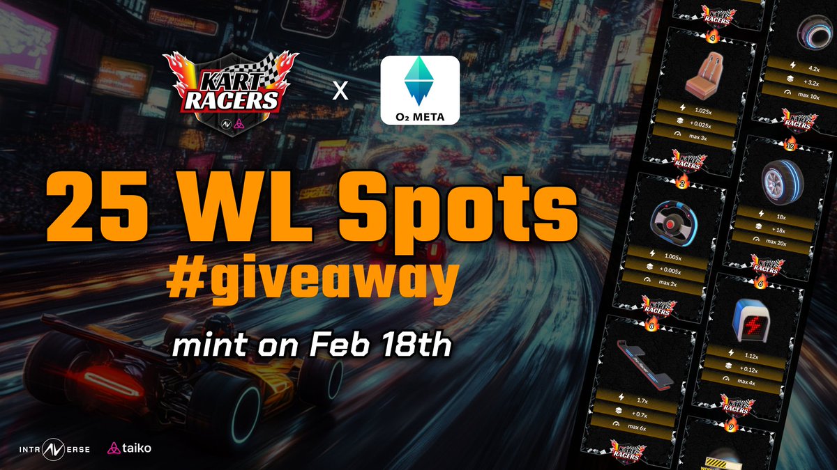 O2 META (@o2meta) on Twitter photo We're racing into a new #KartRacers tournament by @Intraverse_Game and <a href="/taikoxyz/">Taiko.eth 🥁</a>!
💰 $65K Prize Pool for TOP racers
🔥 Mint your Nitro Pass to boost your score
🎁 25 WL Spots #giveaway
✅ Like, RT, Tag 2 frens
✅ Join the raffle 👉 alphabot.app/nitro-pass-o2-… We're racing into a new #KartRacers tournament by @Intraverse_Game and <a href="/taikoxyz/">Taiko.eth 🥁</a>!
💰 $65K Prize Pool for TOP racers
🔥 Mint your Nitro Pass to boost your score
🎁 25 WL Spots #giveaway
✅ Like, RT, Tag 2 frens
✅ Join the raffle 👉 alphabot.app/nitro-pass-o2-…