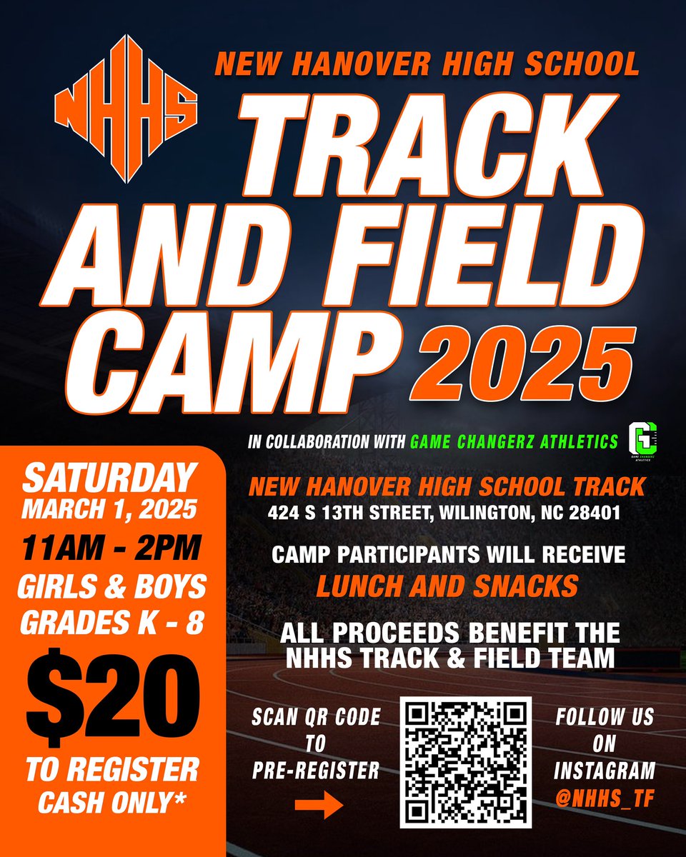 NHHS Track &amp; Field, in collaboration with Game Changerz Athletics, is hosting a Track &amp; Field Camp, Saturday, March 1st! 

Open to grades K-8 at the NHHS track from 11am-2pm. 

All funds raised will support the NHHS Track &amp; Field program. 

Scan the QR code below to pre-register.