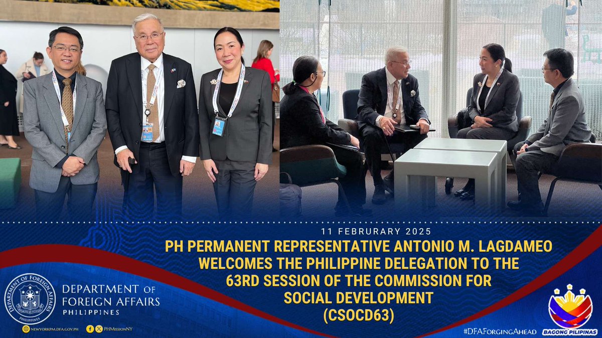 PHMissionNY's tweet image. 🇵🇭 Amb. Antonio Lagdameleo welcomes @dswdserves Usec. Monina Josefina Romualdez &amp;amp; @NEDAhq Asec. Reynaldo Cancio, thanking them for their efforts in advancing the PH #SocialDevelopment agenda &amp;amp; sharing it at the 63rd session of the #CSocD. 

@DFAPHL @SecManalo #CSocD63