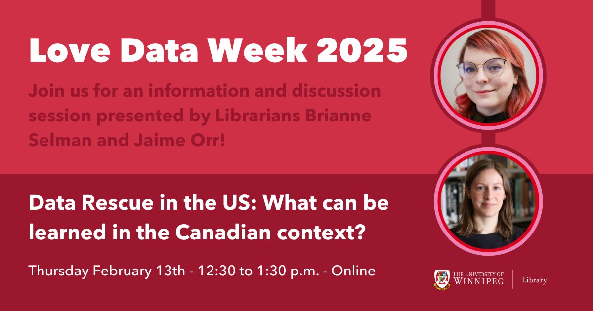 🚨 REMINDER – Join us tomorrow for an online information session and discussion in celebration of #lovedataweek 2025.

🧑‍🏫 Data Rescue in the US: What can be learned in the Canadian context?
📅 Thursday, February 13
🕛 12:30 – 1:30 p.m.

Register now ➡️ bit.ly/4hyDv0F