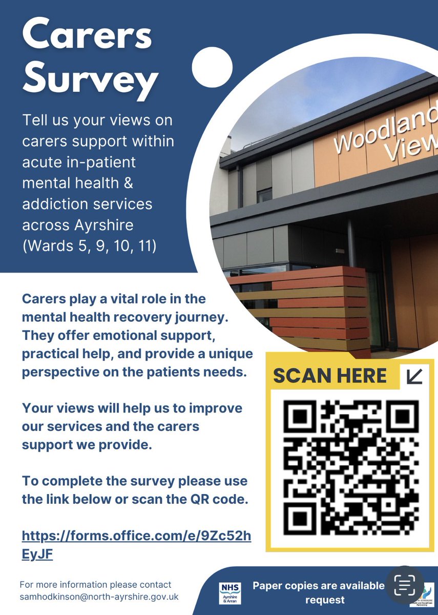 The acute mental health and addiction in-patient carers survey is now open! Open until 12th March. 

Survey link can be found at forms.office.com/e/9Zc52hEyJF or by scanning the QR code below👇 

This will be followed up in March with the offer for carers to attend a focus group.