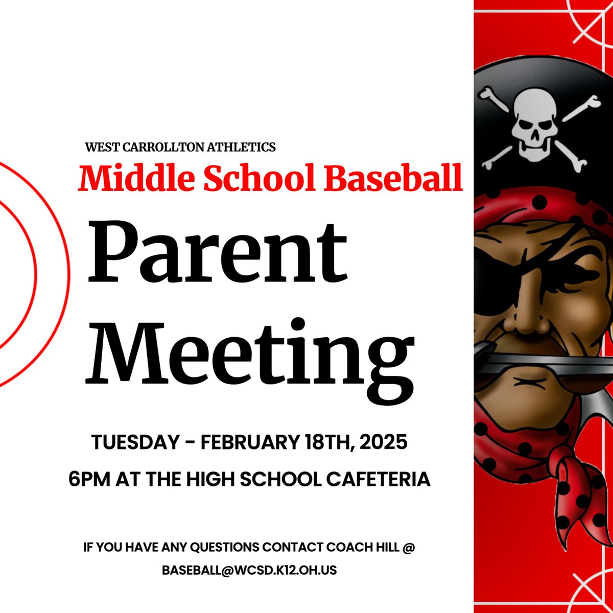 West Carrollton Athletics (@wcpiratesad) on Twitter photo There will be a Parent Meeting for middle school baseball Tuesday, Feb 18th. Please plan on attending and if you are unable to make it be sure to contact Coach Hill at baseball@wcsd.k12.oh.us for information! There will be a Parent Meeting for middle school baseball Tuesday, Feb 18th. Please plan on attending and if you are unable to make it be sure to contact Coach Hill at baseball@wcsd.k12.oh.us for information!
