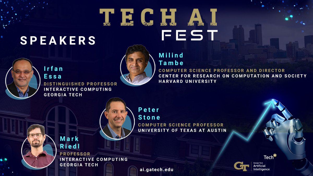 Registered yet? More speakers announced for Tech AI Fest! Expect 40+ AI experts, 10+ panels &amp; workshops, student engagement, project showcases, and insights from government, industry, and academia. Sign up for updates: gatech.us3.list-manage.com/subscribe?u=55…

#TechAIFest #AIInsights #Innovation