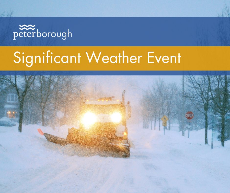 The City has declared a Significant Weather Event ahead of a winter storm expected to start this evening (Feb. 12) continuing into Thursday. Snow clearing operations on roads, sidewalks &amp; trails will take longer than usual to complete. 
Full details: peterborough.ca/en/news/city-o…