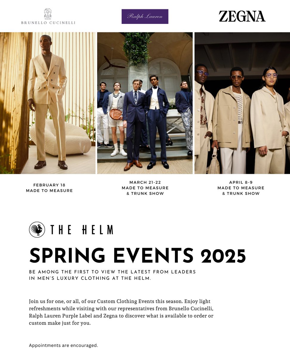 Join us for one, or all, of our Custom Clothing Events this season. Enjoy light refreshments while visiting with our representatives to see what is available to order or custom make.

Contact us at info@thehelmclothing.com to reserve your spot.

bit.ly/4e9ftXw