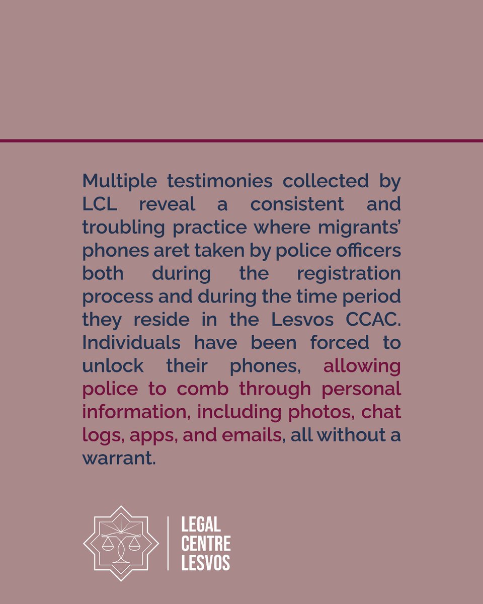 lesboslegal's tweet photo. 📢 NEW: Migrants living in #Lesvos #refugee camp face unlawful confiscation &amp; surveillance of their phones—a blatant violation of privacy and rights.

Read our full statement on this troubling practice ⬇️
🔗 https://t.co/heyTT7RLac
#HumanRights #Surveillance #Συνταγματος https://t.co/0LMo7mYMK7