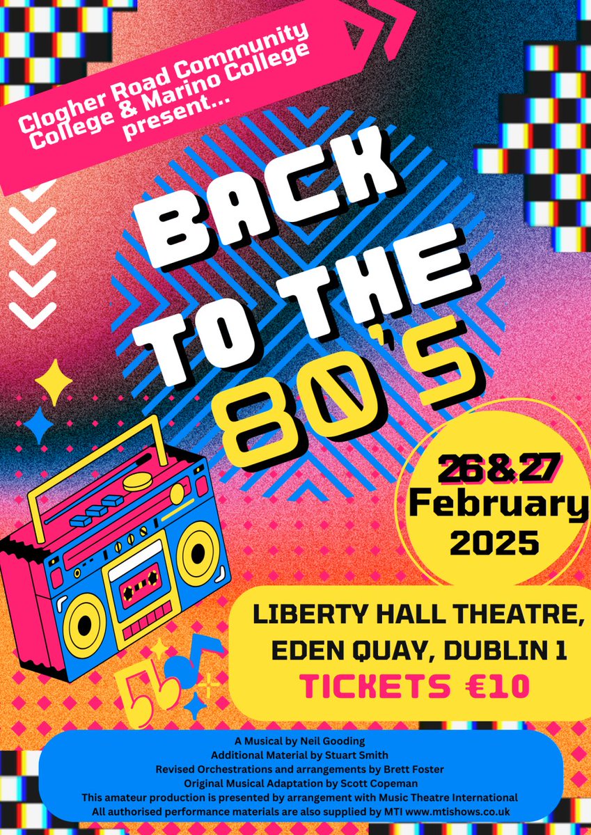 The TY musical 'Back to the 80's' has performances on the 26th and 27th of February playing at Liberty Hall. Tickets are selling fast and available for €10 at the following link. eventbrite.ie/e/122675661505…   Get your tickets today!