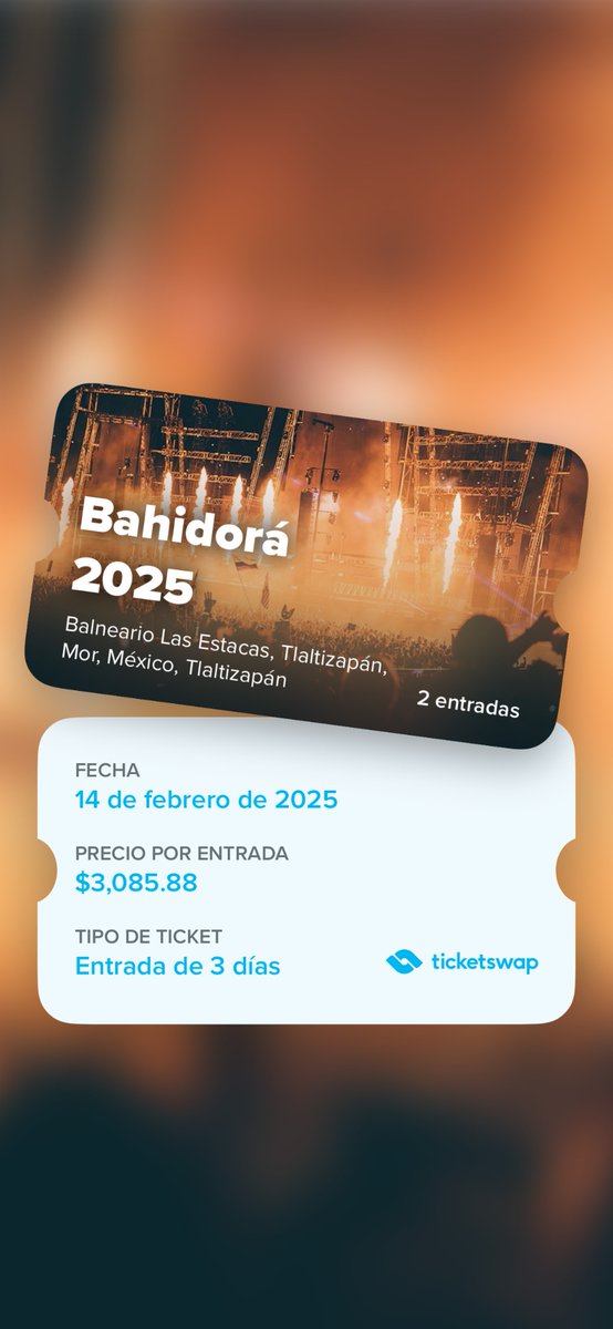 VelvetLilia's tweet photo. Vendo 2 boletos full weekend para bahidorá $2,600. Los subí a ticketswap para validar que no son fake. #bahidora #boletos @chicoplur @Vendo_Boletos @TicketSwap https://t.co/xesqU01TQO
