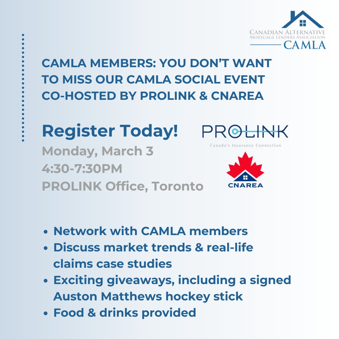 Reserve your spot today for this free event as space is limited (see yesterday’s email for registration link)!

Date: Monday, March 3
Time: 4:30-7:30PM
Location: PROLINK Office, 150 King St W, #2401, Toronto

#socialevent #privatelending #alternativelending #CAMLA