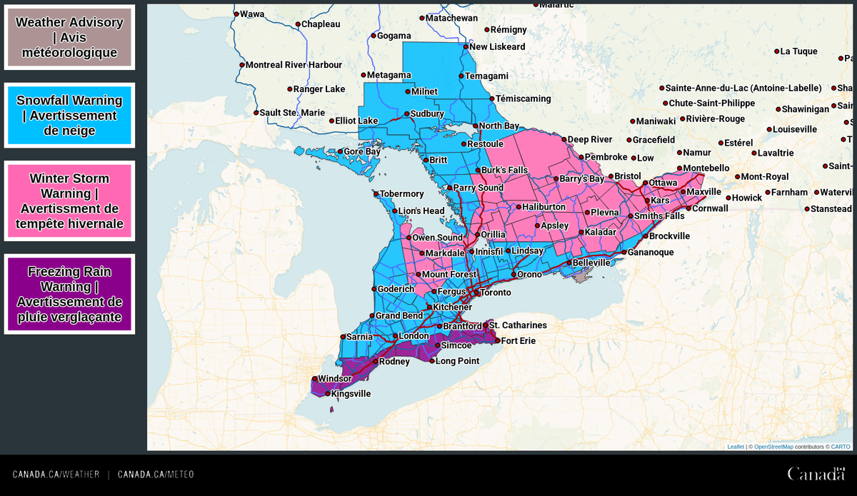 ⚠️ Here are the current alerts in effect for tonight's winter storm ⚠️

❄️ Winter storm warnings, snowfall warnings and winter weather travel advisories for S. ON
🧊 Freezing rain warning for the northern shores of Lake Erie

Details: ow.ly/b7li50UYAMk

#ONstorm #ONwx