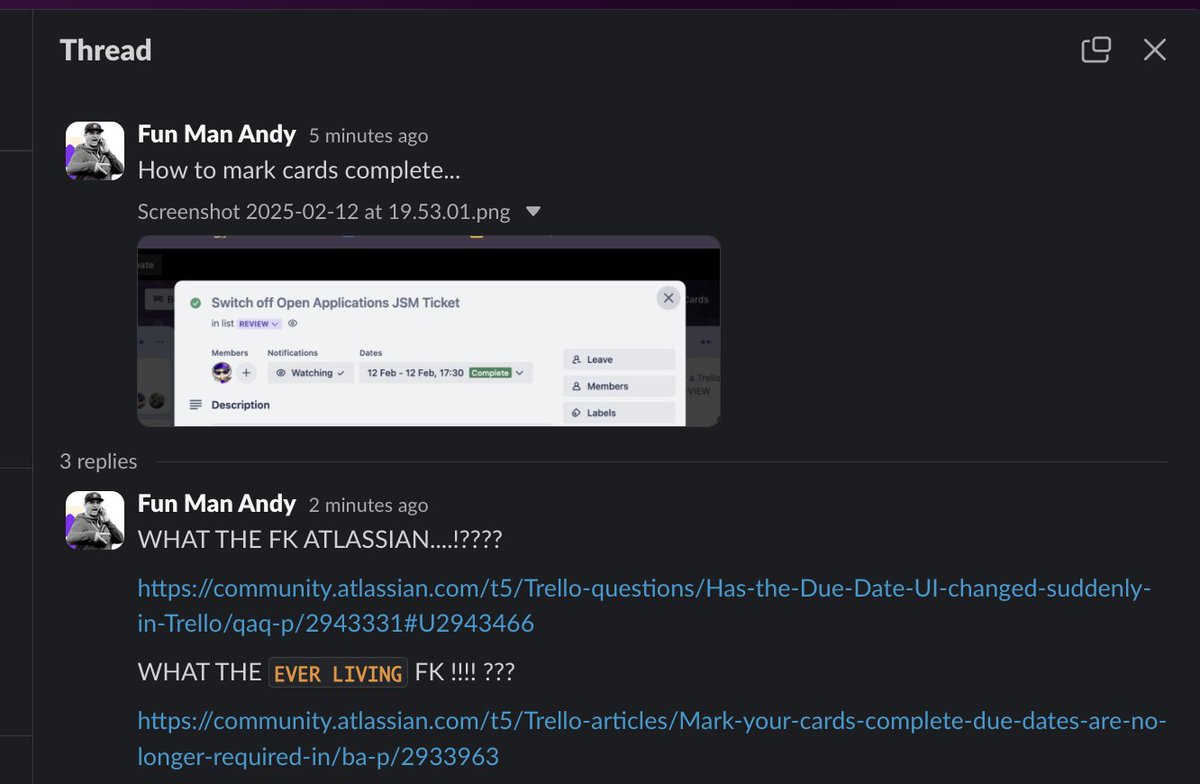The Fun Man (@thefunmanandy) on Twitter photo How I announce #SysAdmin updates in our <a href="/funincompanies/">funincompanies</a> <a href="/SlackHQ/">Slack</a> workspace, for random, unexpected feature changes from the <a href="/Atlassian/">Atlassian</a> on our <a href="/trello/">Trello by Atlassian</a> stack when it's impeded our work for a whole afternoon...
"Don't #@!% the (Cloud Enterprise Jira Premium) Customer"
๐คญ๐ How I announce #SysAdmin updates in our <a href="/funincompanies/">funincompanies</a> <a href="/SlackHQ/">Slack</a> workspace, for random, unexpected feature changes from the <a href="/Atlassian/">Atlassian</a> on our <a href="/trello/">Trello by Atlassian</a> stack when it's impeded our work for a whole afternoon...
"Don't #@!% the (Cloud Enterprise Jira Premium) Customer"
๐คญ๐